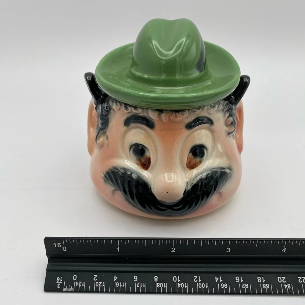 Tilso Japan ceramic mustache Man bowl green hat wire handle vintage 1960’s